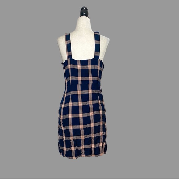 💛S💛 Plaid Mini Dress Sleeveless Apron Patch Pockets Summer Spring - Picture 2 of 9